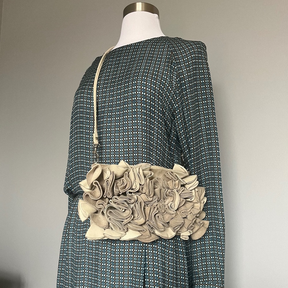 Topshop Leather Suede Floral Leaves Beige Tan Cocktail Crossbody Clutch Purse